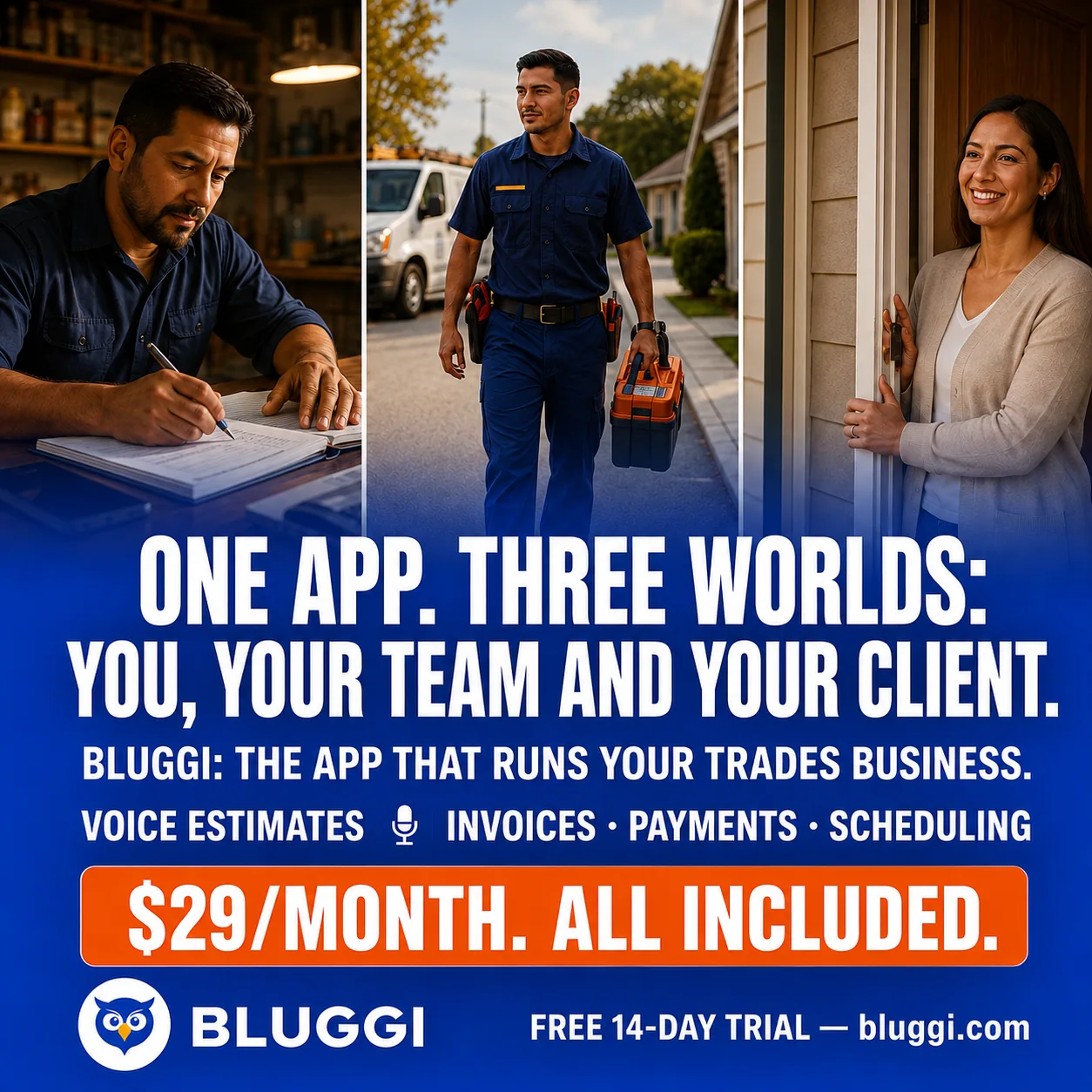 BLUGGI — one app, three worlds: you, your team and your client