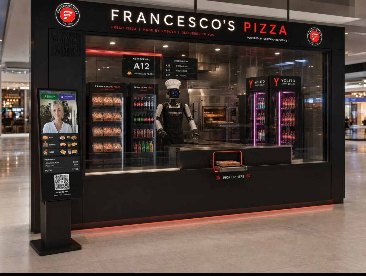 Francesco's Pizza — fresh pizza made by robots, delivered to you; June Max kiosk and Yolito smart coolers