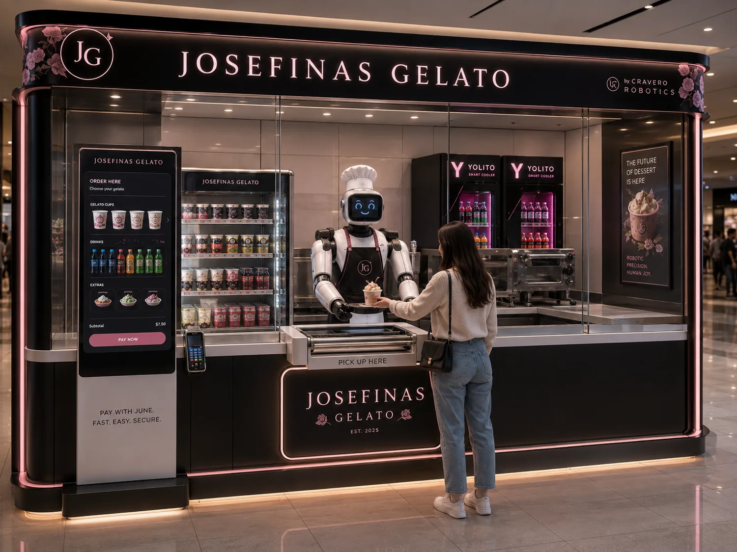 Josefina's Gelato — a robotic gelato station by Cravero Robotics, with June at the kiosk and Yolito coolers