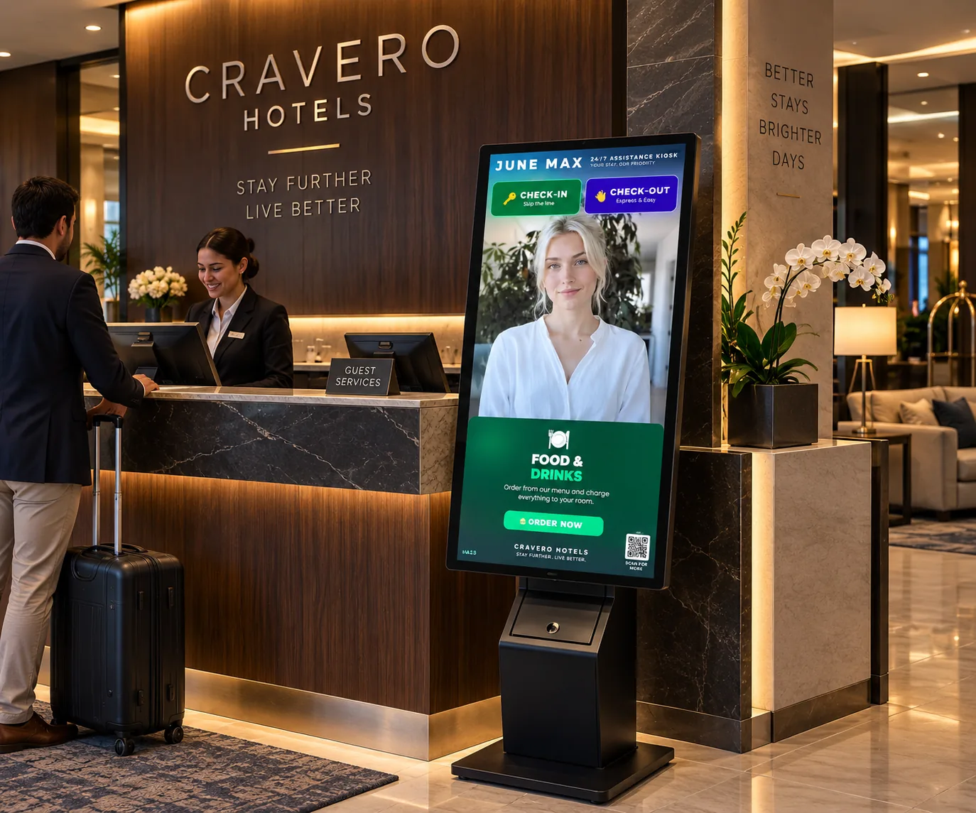 The June Max kiosk in a hotel lobby next to the front desk