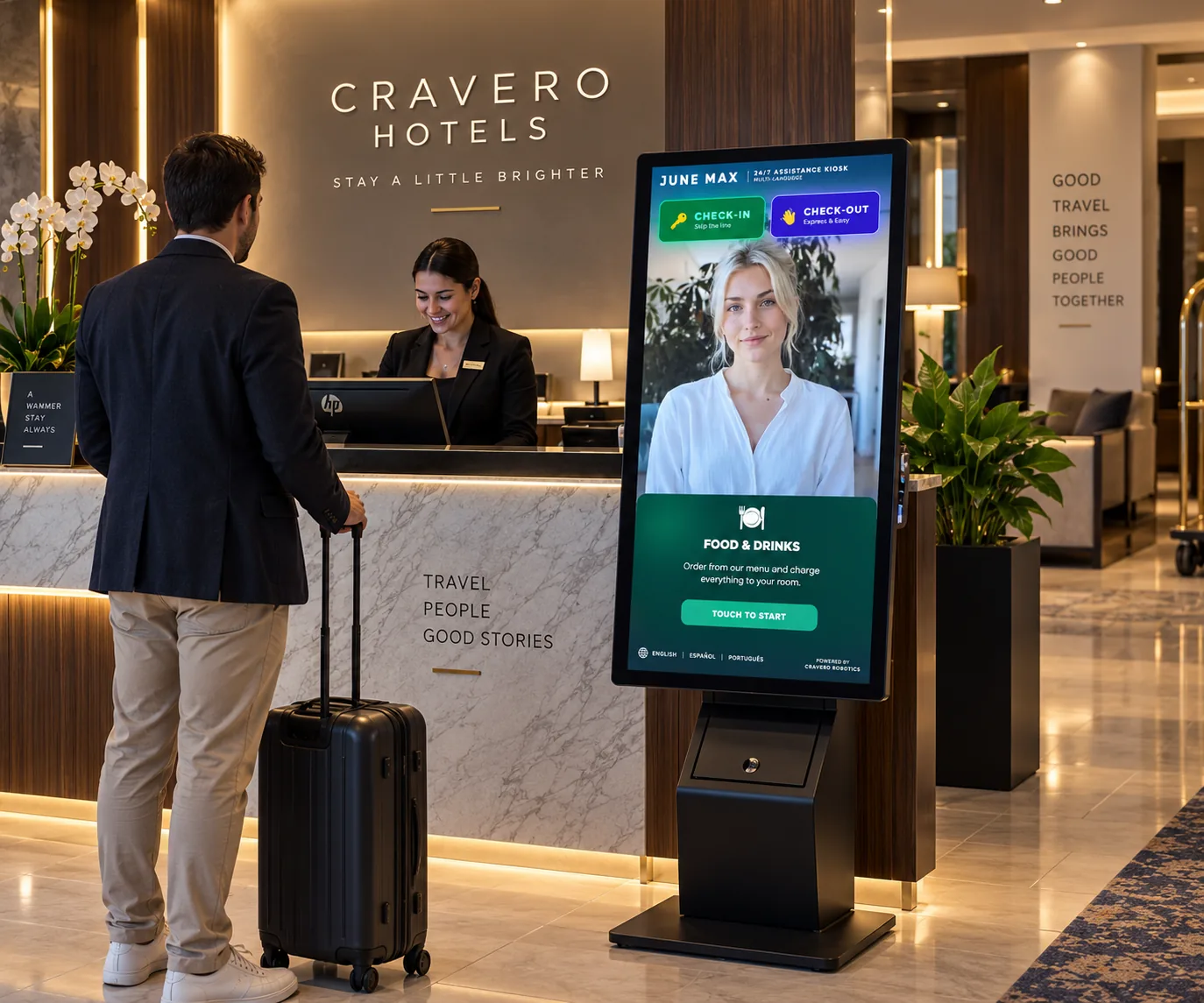 June kiosk, multi-language: English, Español, Português
