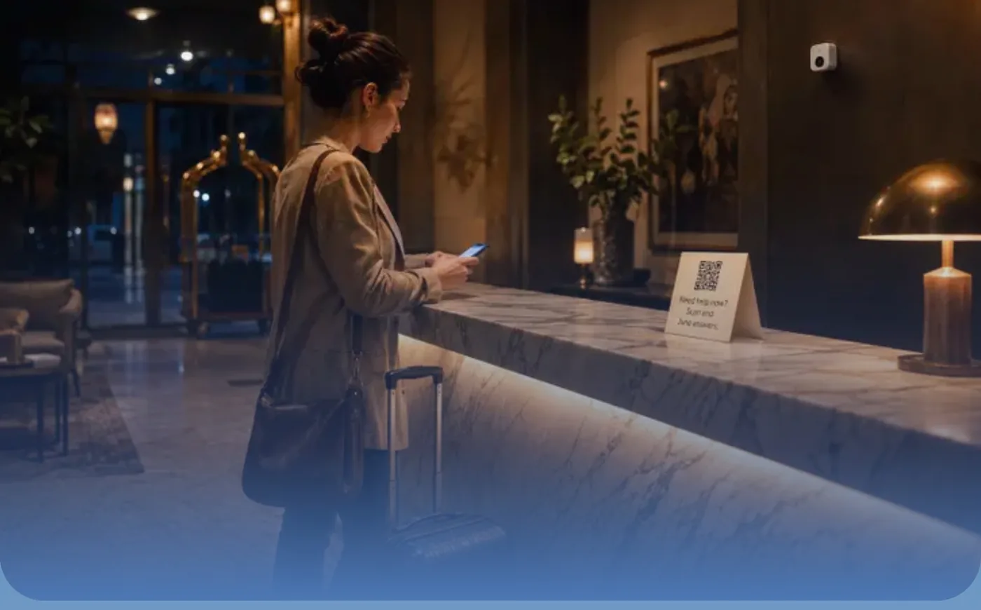 A guest at a hotel front desk scanning the June card; the June eye watches from the wall