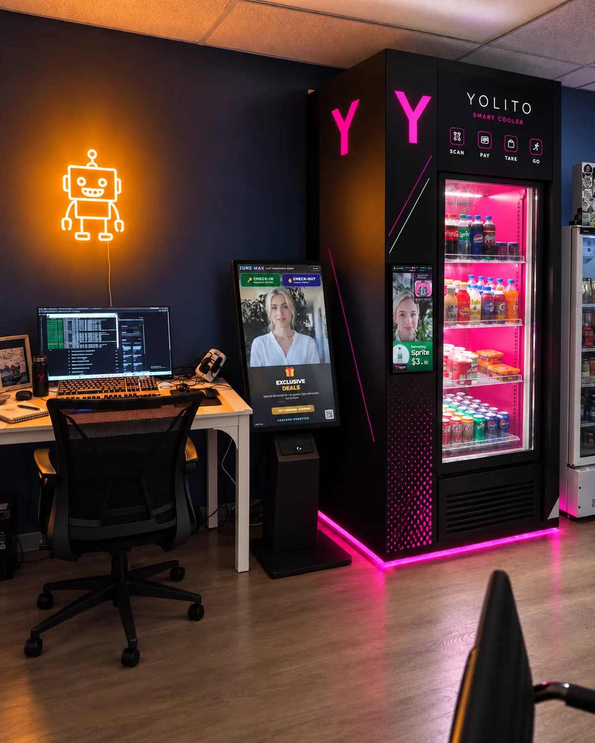 The Cravero Robotics showroom in Kenilworth at night: June kiosk, Yolito cooler and the neon robot