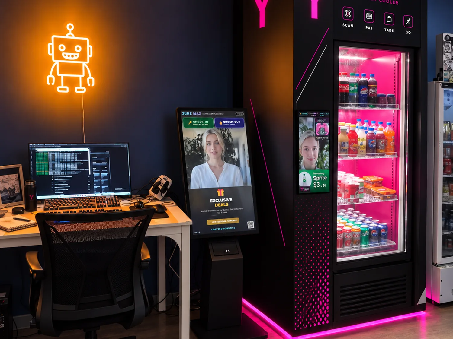 The Cravero showroom: the neon robot, June Max and the Yolito tower